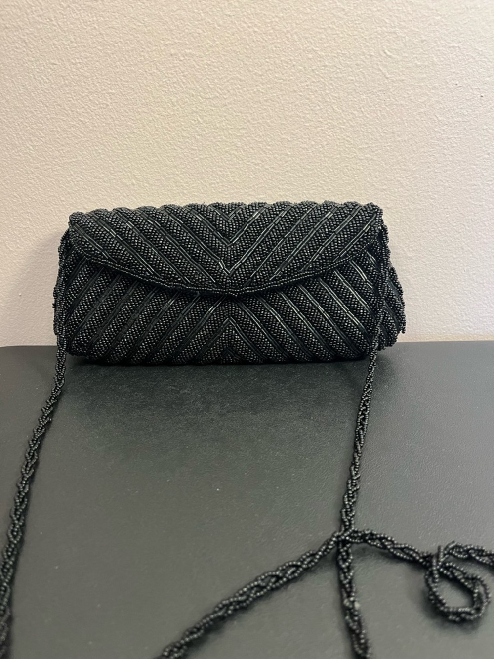 Vintage Black Beaded Evening Clutch with Beaded Strap